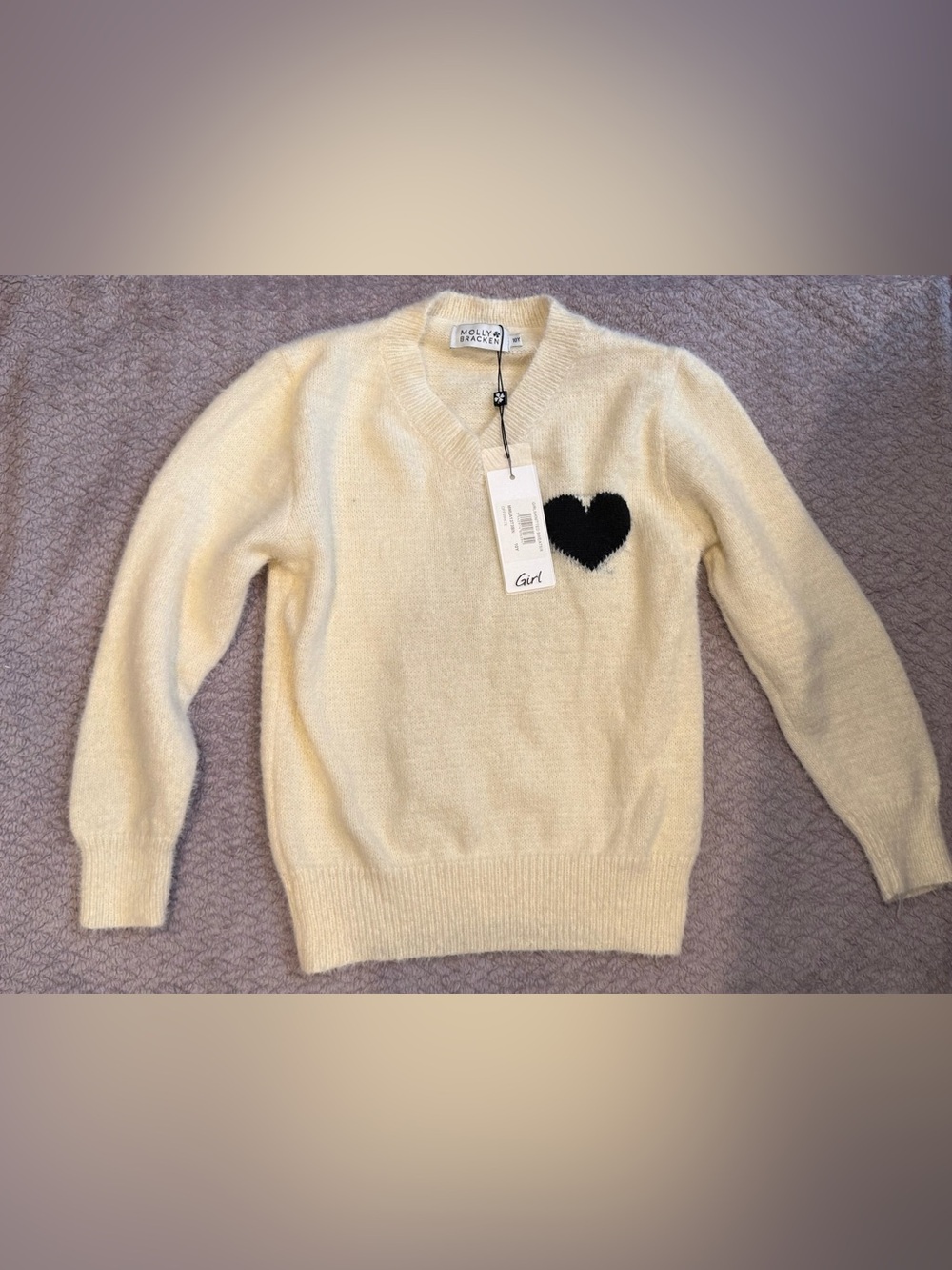 Molly Bracken Girls' Cream V-Neck Sweater with Fuzzy Black Heart Design 10Y 🖤